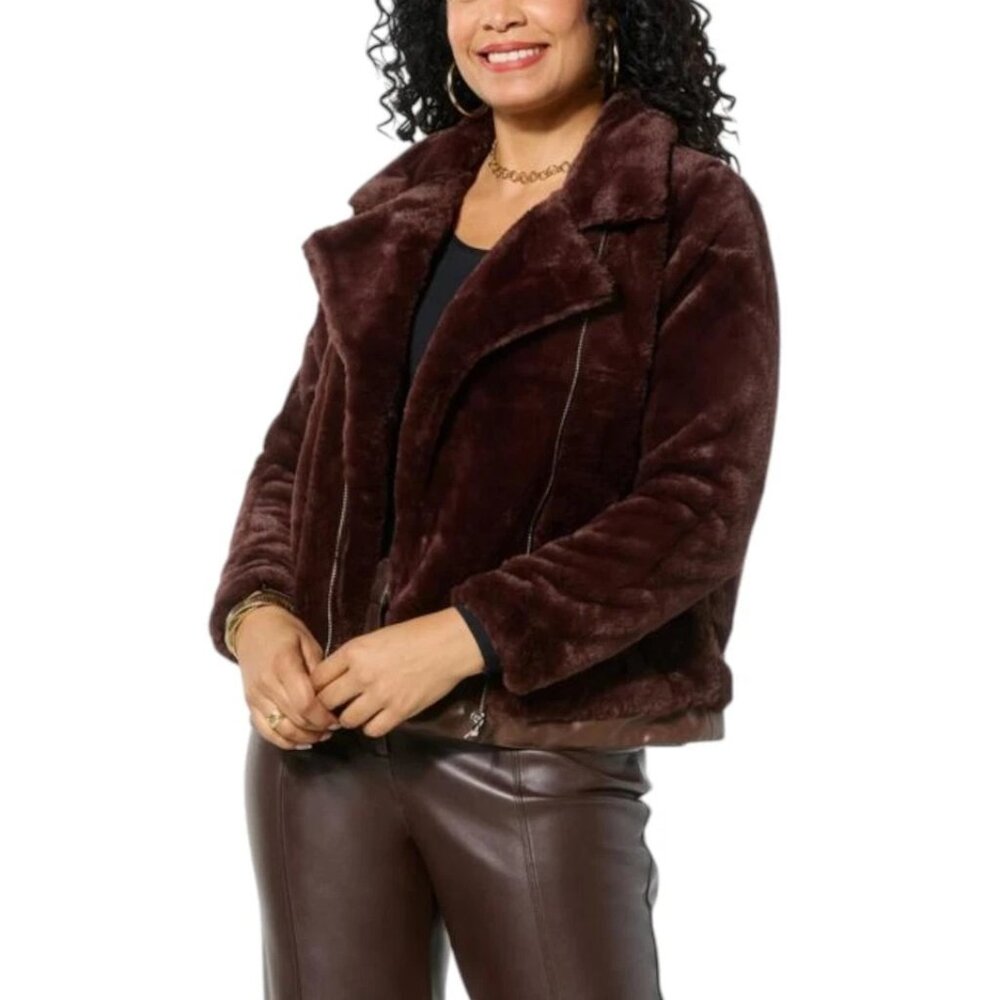 Nina Leonard Faux Fur Moto Jacket Size Large Chocolate Brown Soft Comfy Outdoor
